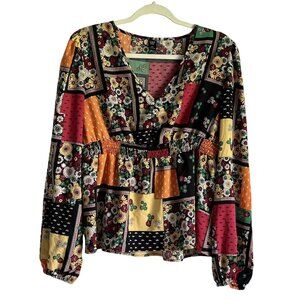 Shein Curve Womens Boho Floral Patchwork  Print V-Neck Smocking Blouse 2XL